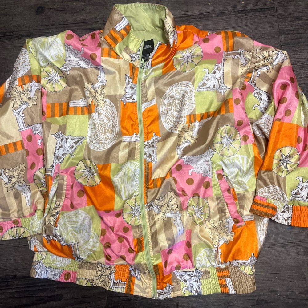 Multicolor Patterned Bomber Jacket - Orange Pink Green